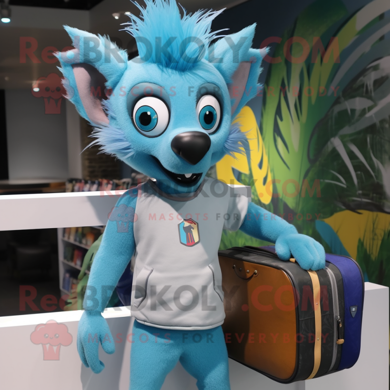 Cyan Aye-Aye mascot costume character dressed with a Sweatshirt and Briefcases