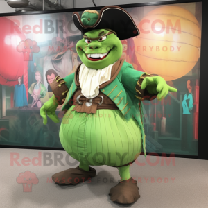 Green Pirate mascot costume character dressed with a Ball Gown and Foot pads