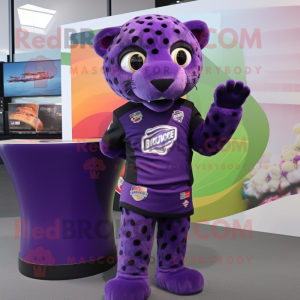 Purple Jaguar mascot costume character dressed with a Mini Skirt and Caps