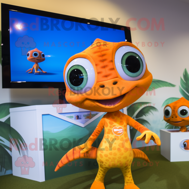 Orange Geckos mascot costume character dressed with a Bikini and Watches Orange Geckos mascot costume character dressed with a Bikini and Watches
