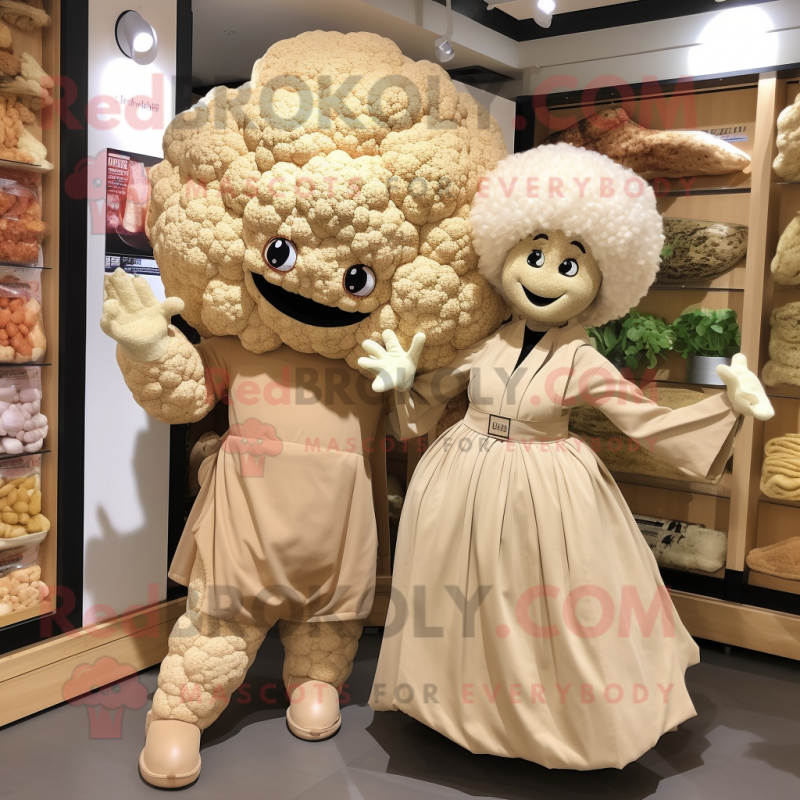 Tan Cauliflower mascot costume character dressed with a Midi Dress and Cummerbunds Tan Cauliflower mascot costume character dressed with a Midi Dress and Cummerbunds