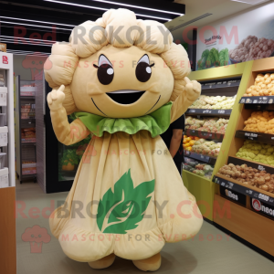 Tan Cauliflower mascot costume character dressed with a Midi Dress and Cummerbunds