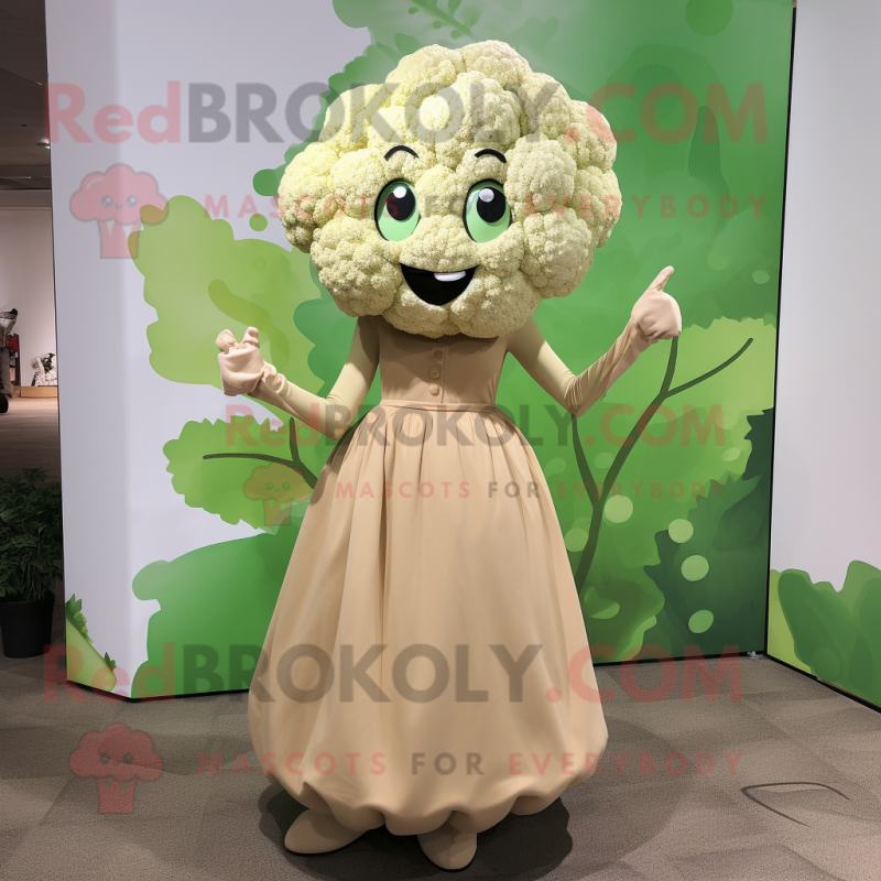 Tan Cauliflower mascot costume character dressed with a Midi Dress and Cummerbunds Tan Cauliflower mascot costume character dressed with a Midi Dress and Cummerbunds