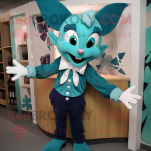 Teal Tooth Fairy mascot costume character dressed with a Cardigan and Bow ties