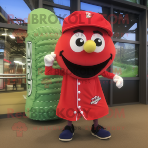 Red Zucchini mascot costume character dressed with a Baseball Tee and Scarves