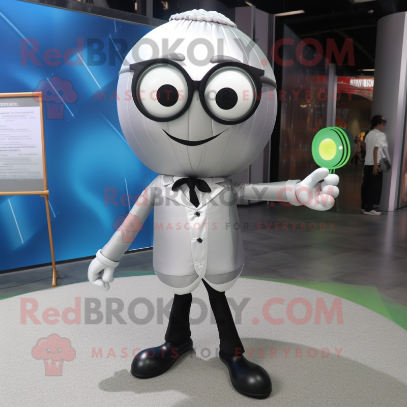 Silver Squash mascot costume character dressed with a Suit Pants and Eyeglasses