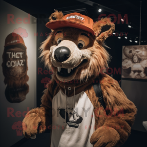 Rust Hyena mascot costume character dressed with a Chinos and Beanies