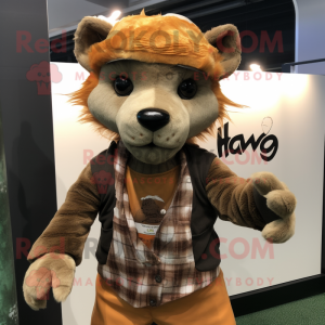 Rust Hyena mascot costume character dressed with a Chinos and Beanies