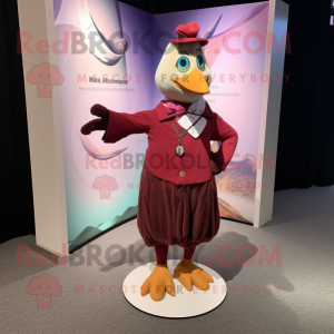 Maroon Pigeon mascot costume character dressed with a Dress Pants and Suspenders