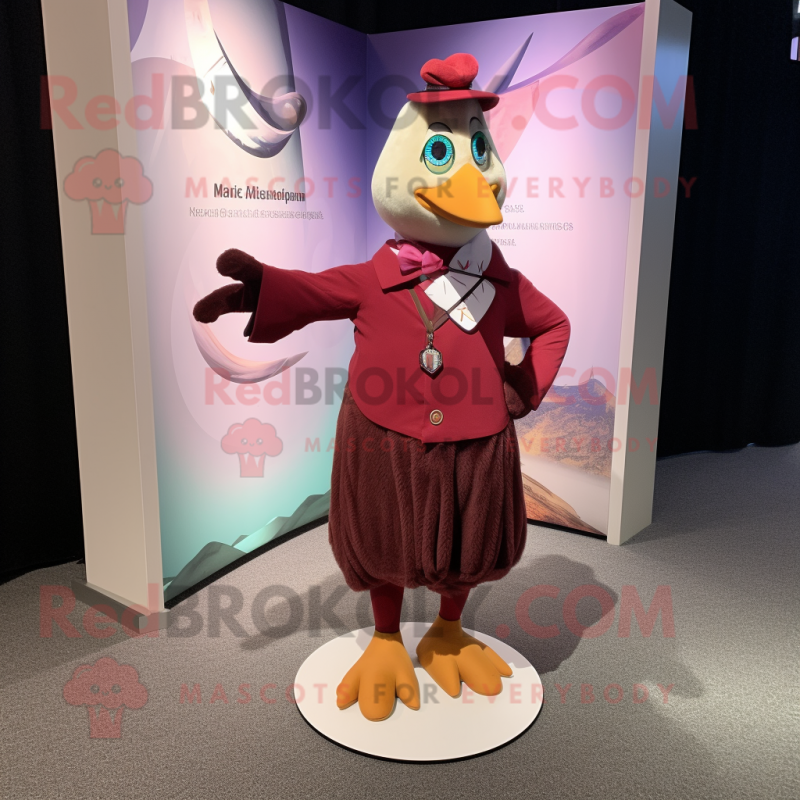 Maroon Pigeon mascot costume character dressed with a Dress Pants and Suspenders Maroon Pigeon mascot costume character dressed with a Dress Pants and Suspenders