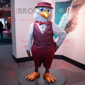Maroon Pigeon mascot costume character dressed with a Dress Pants and Suspenders