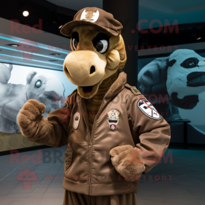 Brown Sea Horse mascot costume character dressed with a Bomber Jacket and Berets