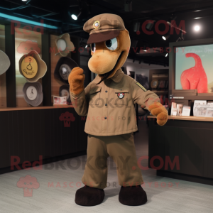 Brown Sea Horse mascot costume character dressed with a Bomber Jacket and Berets