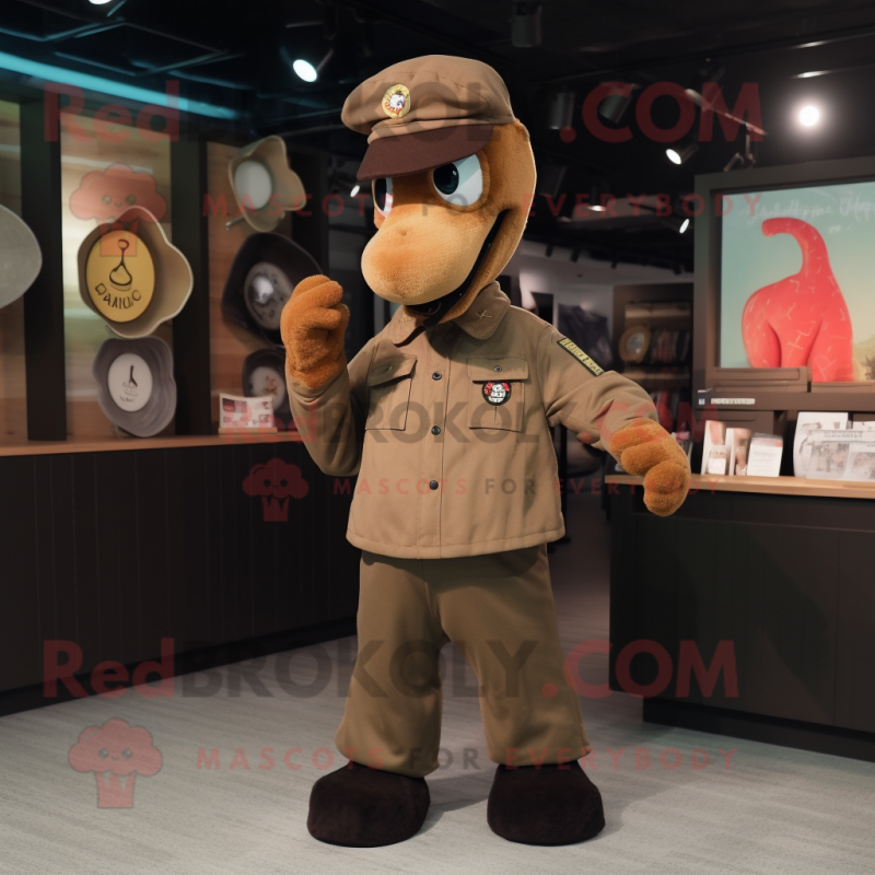 Brown Sea Horse mascot costume character dressed with a Bomber Jacket and Berets Brown Sea Horse mascot costume character dressed with a Bomber Jacket and Berets