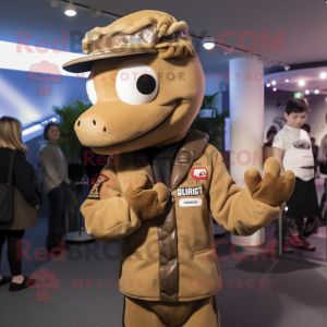 Brown Sea Horse mascot costume character dressed with a Bomber Jacket and Berets