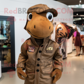 Brown Sea Horse mascot costume character dressed with a Bomber Jacket and Berets