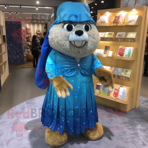 Blue Beaver mascot costume character dressed with a Wrap Skirt and Coin purses