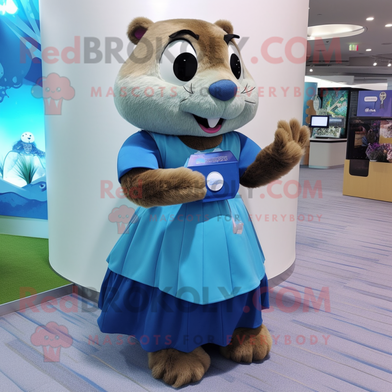 Blue Beaver mascot costume character dressed with a Wrap Skirt and Coin purses