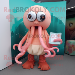 Peach Kraken mascot costume character dressed with a Leggings and Clutch bags