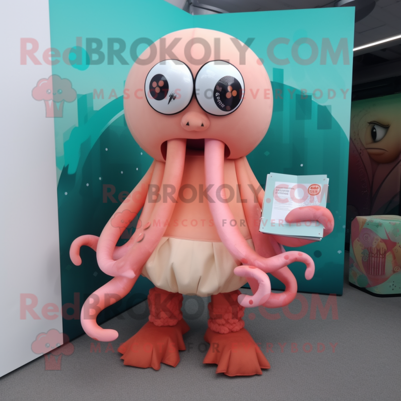 Peach Kraken mascot costume character dressed with a Leggings and Clutch bags Peach Kraken mascot costume character dressed with a Leggings and Clutch bags