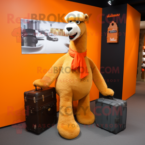 Orange Camel mascot costume character dressed with a Polo Tee and Briefcases