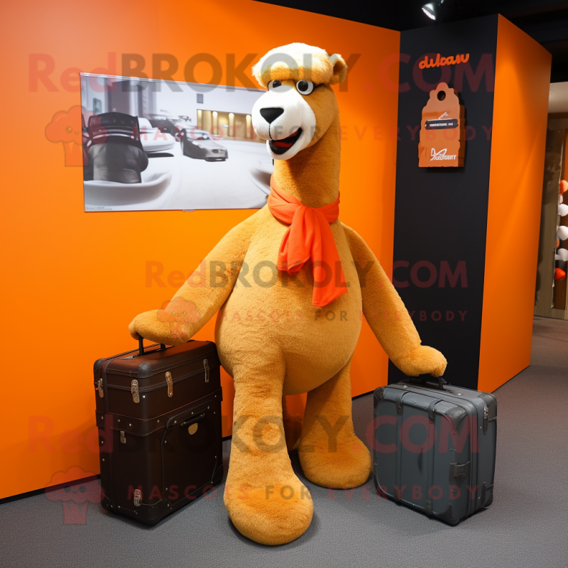 Orange Camel mascot costume character dressed with a Polo Tee and Briefcases