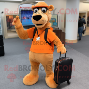 Orange Camel mascot costume character dressed with a Polo Tee and Briefcases