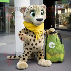 Olive Cheetah mascot costume character dressed with a Sweater and Clutch bags
