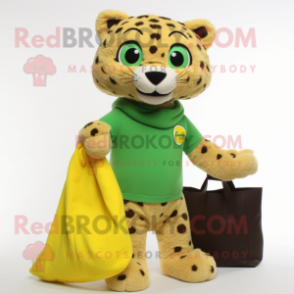 Olive Cheetah mascot costume character dressed with a Sweater and Clutch bags