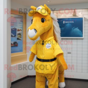 Yellow Horse mascot costume character dressed with a Vest and Caps