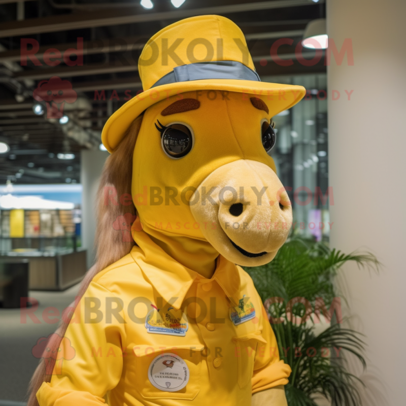 Yellow Horse mascot costume character dressed with a Vest and Caps