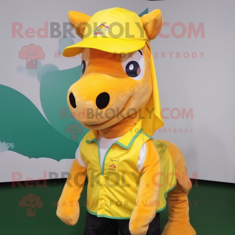 Yellow Horse mascot costume character dressed with a Vest and Caps