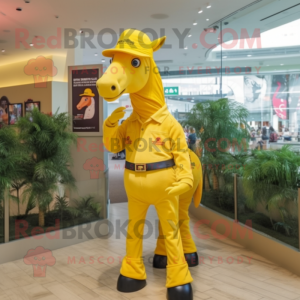 Yellow Horse mascot costume character dressed with a Vest and Caps
