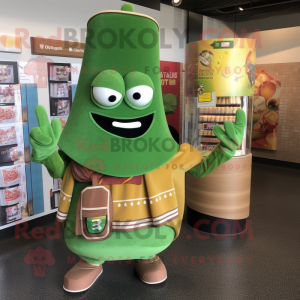 Green Enchiladas mascot costume character dressed with a Cardigan and Belts