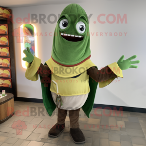 Green Enchiladas mascot costume character dressed with a Cardigan and Belts