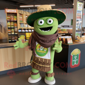Green Enchiladas mascot costume character dressed with a Cardigan and Belts