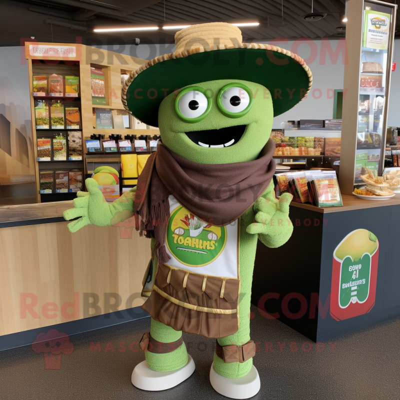 Green Enchiladas mascot costume character dressed with a Cardigan and Belts Green Enchiladas mascot costume character dressed with a Cardigan and Belts