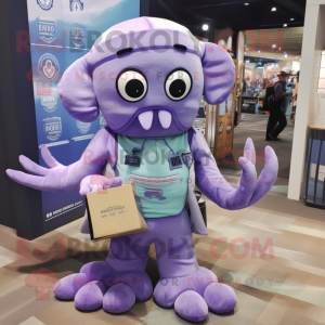 Lavender Kraken mascot costume character dressed with a Romper and Wallets