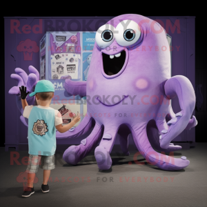 Lavender Kraken mascot costume character dressed with a Romper and Wallets