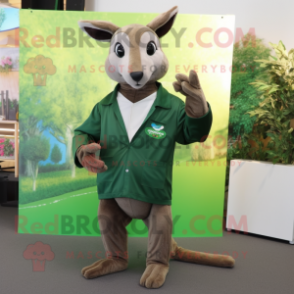 Forest Green Kangaroo mascot costume character dressed with a Long Sleeve Tee and Belts