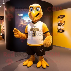 Gold Vulture mascot costume character dressed with a Rugby Shirt and Scarves