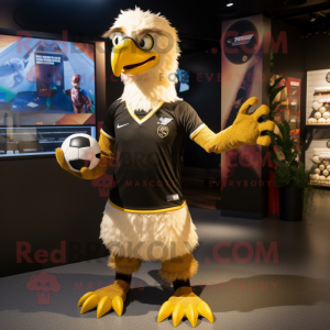Gold Vulture mascot costume character dressed with a Rugby Shirt and Scarves