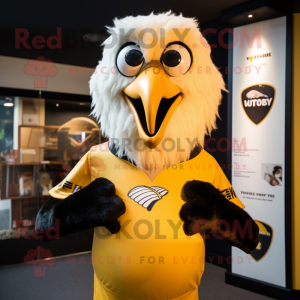 Gold Vulture mascot costume character dressed with a Rugby Shirt and Scarves