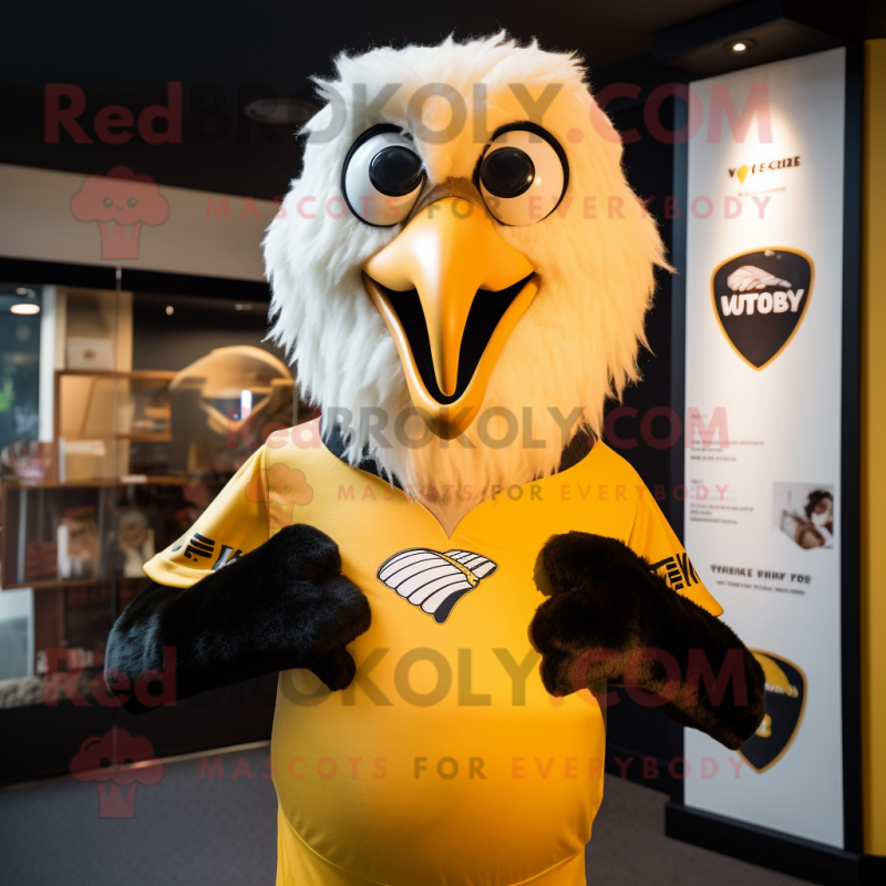 Gold Vulture mascot costume character dressed with a Rugby Shirt and Scarves Gold Vulture mascot costume character dressed with a Rugby Shirt and Scarves