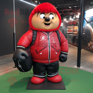 Red Rugby Ball mascot costume character dressed with a Leather Jacket and Backpacks