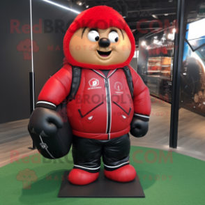 Red Rugby Ball mascot costume character dressed with a Leather Jacket and Backpacks