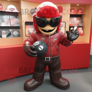 Red Rugby Ball mascot costume character dressed with a Leather Jacket and Backpacks