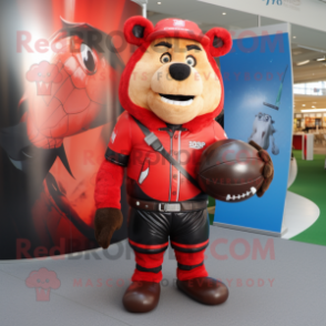 Red Rugby Ball mascot costume character dressed with a Leather Jacket and Backpacks