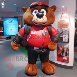 Red Rugby Ball mascot costume character dressed with a Leather Jacket and Backpacks