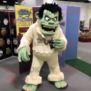 Cream Frankenstein'S Monster mascot costume character dressed with a Corduroy Pants and Earrings